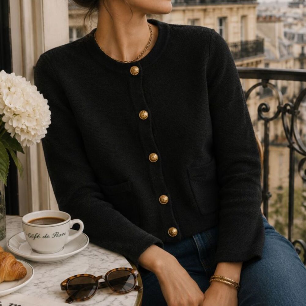 J.Crew Emilie Sweater Lady Jacket Black Gold Buttons Cotton XL Parisian Chic